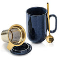 Ceramic Tea Cup Mug Infuser - VICRAYS Large 16 oz Hot Loose Steeping Handle Teacup with Leaf Infuser Spoon Lid - Blue Tall Glazed Strainer Coffee Mug Microwave Safe - Blue - color: Blue