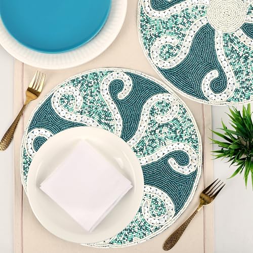 Beaded Placemats 13 Inch Round - Handmade Table Mat for Dining Table, Centerpiece, Wedding, Holiday, Thanksgiving, Gold Silver Beige Glass Beads (Teal Ivory) - ALPHA Living HOME - color: Teal Ivory, size: Set of 1