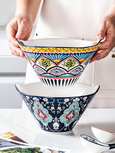 HENXFEN LEAD Boho Ramen & Pho Bowls Set of 2, 30 oz Ceramic Noodle Bowls