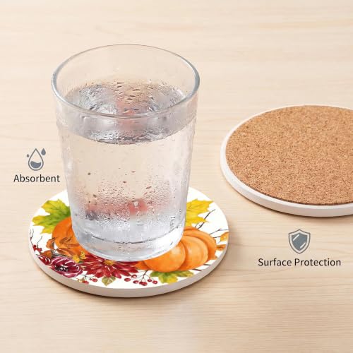 Nikyi 6 Pcs Fall Orange Pumpkin Ceramic Absorbent Coasters, Round Drink Coaster with Metal Holder and Cork Base, for Coffee Table Kitchen Bedroom Living Office Autumn Home Decor or Gifts - color: Fall Orange Pumpkin