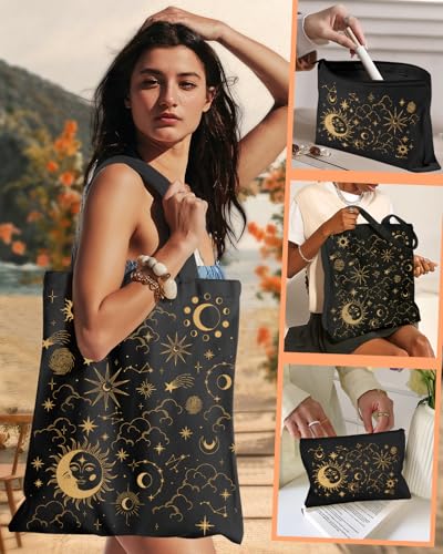 Miss Adola Canvas Tote Bag with Matching Makeup Pouch - color: Sun Moon Sign