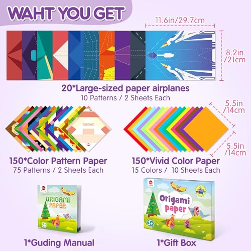 Mocoosy 320 Sheets Origami Kit for Kids Ages 5-8 9-12, Folding Paper Set with Origami Book & Paper Airplane, DIY Art Craft Project for Boys Girls, Travel Game Airplane Car Road Trip Activity Toy Gift - style: Airplane/Animal/Color Paper