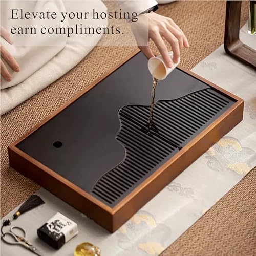 Bamboo Tea Tray & Table Set - Chinese Gongfu Tea Serving Tray with Tea Brush, Compact & Portable (11.8 Inch) - color: Black Brown