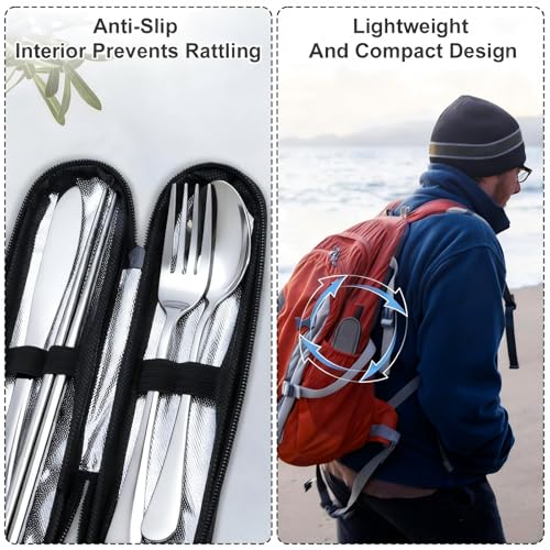 5 Piece Travel Utensils Set With Case, Stainless Steel, Silver - color: Silver