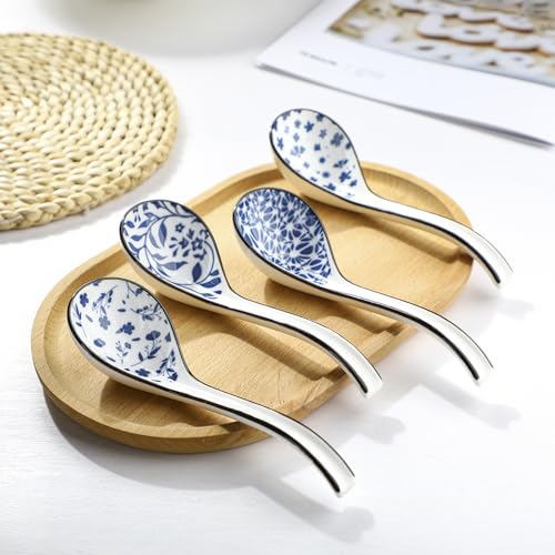 Ceramic Asian Soup Spoons Set 4 Chinese Soup Spoon, 6.3 Inch Ramen Spoons