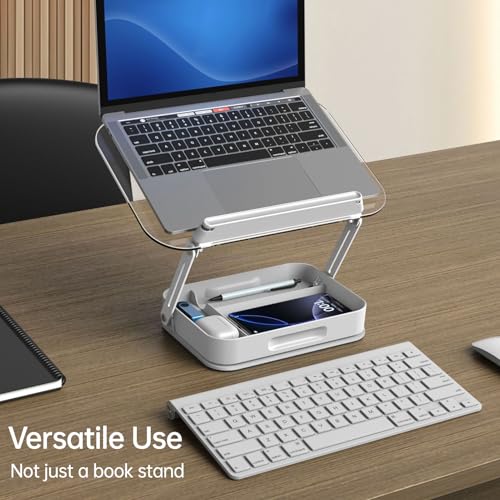 Bisofice Desktop Book Stand for Reading with Rotate Base Acylic Panel Page Clips Storage Compartments Foldable and Angle Adjustable for Laptop Holder Book Magazine Document Tablet (White)