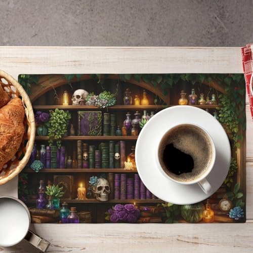 Mysterious Witch Placemats Set of 4, Gothic Witch Bookshelf Table Mat, Vintage Farmhouse Washable Heat-Resistant Waterproof Rectangle Place Mat for Home Party Kitchen Dining Decor - color: Witch
