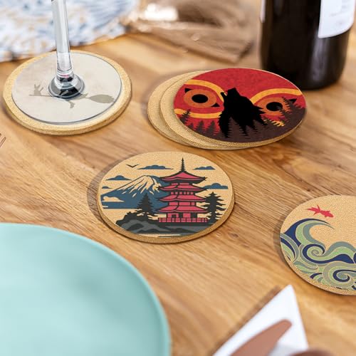 Coasters for Drinks with Holder Set of 6, Japanese Cork Coasters Absorbent Animation for Office Desk Cup Table Coaster Kitchen Decor Inspired House Warming Gifts for New Home Couples, Round 4" - color: Japanese