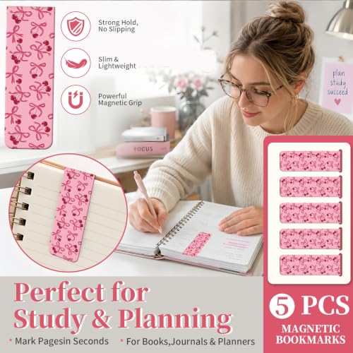 5 Pieces Magnetic Bookmarks, Cute Magnet Bookmark Clips, Colorful Page Markers for Books, Reading Supplies for Book Lovers, Women and Men Cute Pink Bow Cherry - color: Cute Pink Bow Cherry