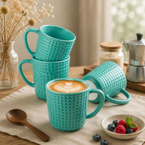 15 oz Ceramic Coffee Mugs Set of 4, Waffle Embossed Coffee Mug, Turquoise - color: Turquoise-4PCS