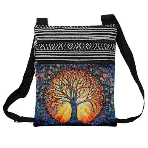 Stained Glass Pattern Crossbody Handbag with Zipper Butterfly World Tree Bee Aesthetic Present for Woman - color: World Tree