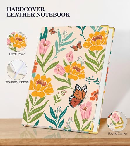Lined Journal Notebook for Women, A5 Hardcover Leather Journaling Notebooks for Writing, 200 Pages Travel Journal, College Ruled Notebook for Work School, Note Taking 5.75'' X 8.38'' Yellow Floral - color: Yellow Flower