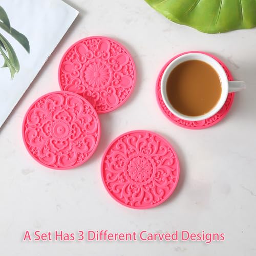 Colinda Silicone Coasters - Set of 6 with Holder, Non-Slip Cup Mats for Hot and Cold Drinks, Decorative Designs, Gift Ready Packaging,Fuschia - color: Fuschia
