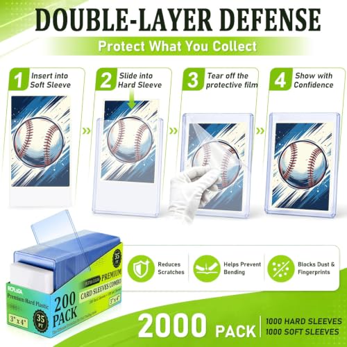 2000 Card Sleeves Hard Plastic, RCPLAGA 3"X 4" Trading Card Holder, 35PT - size: 1000 Hard Sleeves + 1000 Soft Sleeves