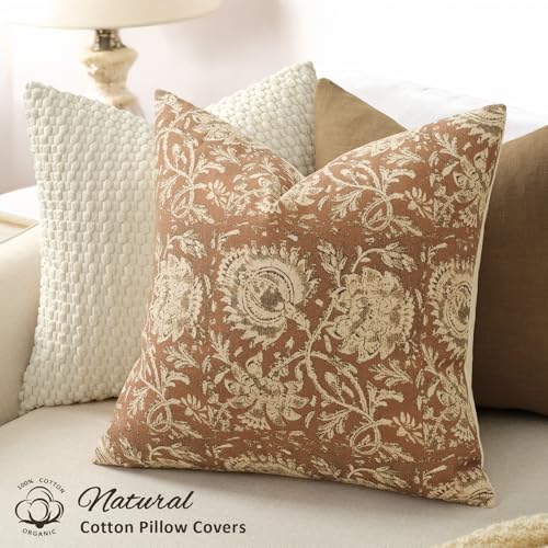 Vintage Floral Print Throw Pillow Covers 24x24 Set of 2 Neutral Modern Farmhouse Pillowcases Accent Decorative Cushion Covers Boho Home Decor for Couch Sofa Chair Bed Living Room, Cognac - color: Cognac, size: 24" x 24" (Pack of 2)