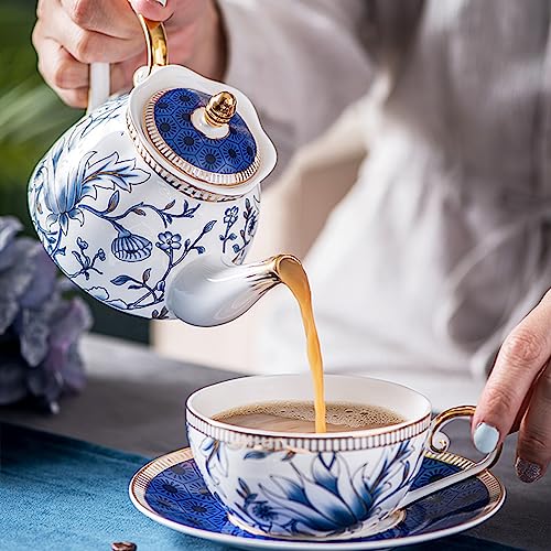 ACMLIFE Tea for One Teapot and Cup Set, Vintage Floral Porcelain Tea Set for One, Bone China Teapot Set, Tea Pot Set Gift for Women (Blue) - color: Blue