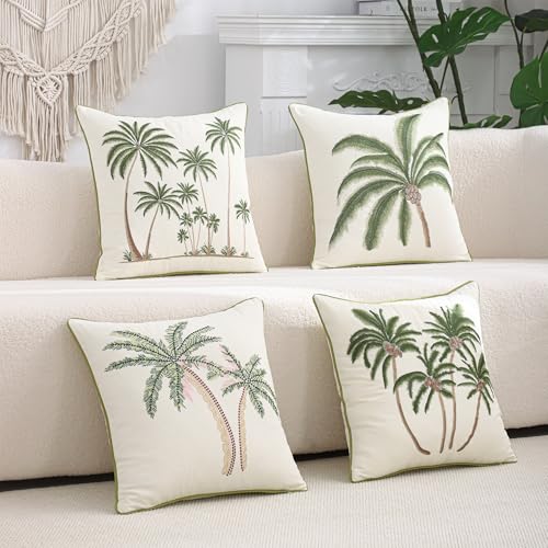 Palm Tree Embroidered Throw Pillow Covers 18x18 Pack of 2 - color: Tropical Palm Trees Green
