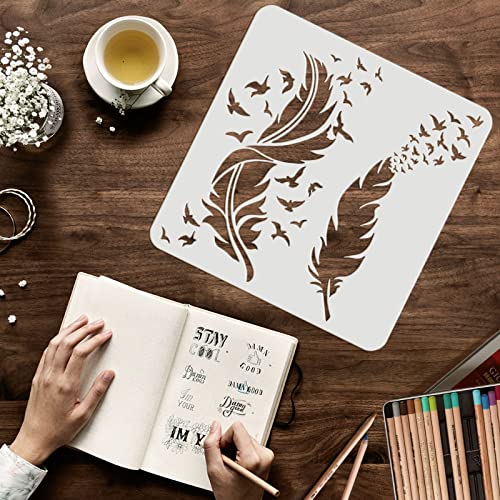 FINGERINSPIRE Feather Stencils for Painting 11.8x11.8inch Beautiful Feather Stencil Flying Bird Painting Stencil Bird's Feather Stencils for Painting on Wood, Canvas, Paper, Floor, Wall - color: Feather & Flying Bird