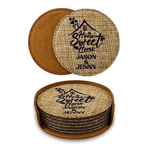 Smile Art Design Family Couple Names CUSTOM COASTER Set of 6 with base Round Burlap Material Family Name Home Sweet Home Print Personalized Gifts House warming Wedding Gift Rustic Home Decor Style11 - color: Style 11, size: Set of 6 - Round Coaster