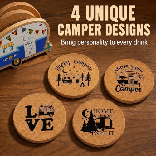 Cool Happy Camper RV Coasters Set of 4 with Holder - color: New Blue