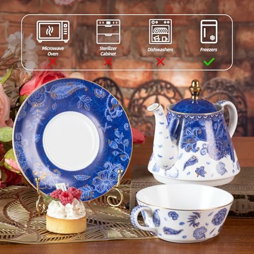 KAMMAK Tea for One Set, Ceramic Teapot, Bone China Tea Set, Cup and Saucer - color: Navy Blue-XY5