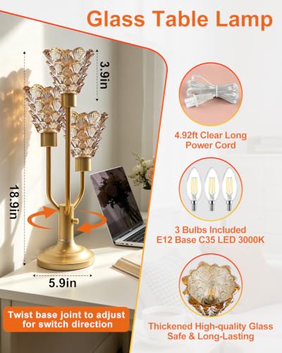 Lightdot Mid Century Modern Gold Glass Table Lamp Dimmable 3 Bulbs Included - color: 02-Gold-Amber-Shell