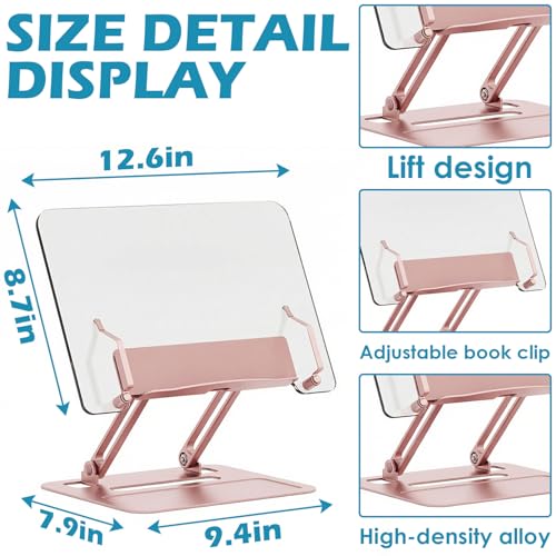 Acrylic Adjustable Book Stand, Reading Stand with Lift Design, High-Density Alloy Desktop Document Holder for Document Recipe, Cookbook, Music Book (Rose) - color: Rose
