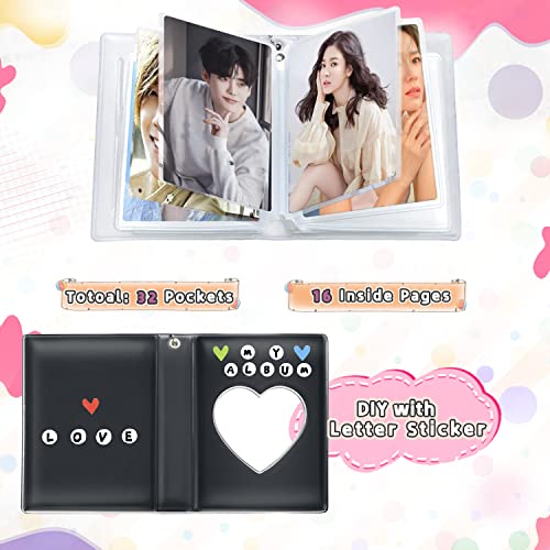3 Inch Kpop Photocard Holder Book, Mini Photo Kpop Album Kpop Photocard Binder, Love Heart Hollow Kpop Photocard Binder Collector Book 32 Pockets Portable Photo Card Holder with Love Heart Pendant - color: Black