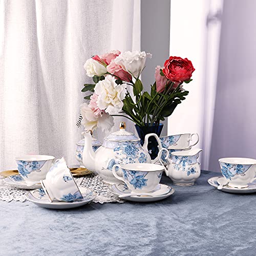 fanquare Blue Flowers Porcelain Tea Set Service for 6 - color: Blue
