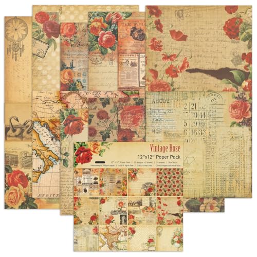 Vintage Scrapbook Paper 12 ×12 - 24 Sheets Double-Sided Rose Pattern Paper Junk Journal Scrapbooking CardStock Papers Supplies for Holiday Cardmaking DIY Decorative Craft Papers. - color: Vintage Rose-New