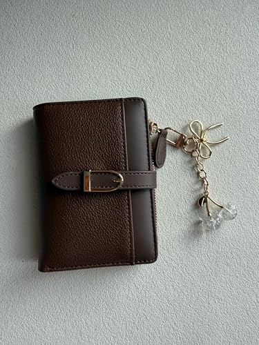 Small Wallet for Women PU Leather Trifold Card Holder with Coin Pocket & Cute Cherry Keychain (Coffee) (Coffee)
