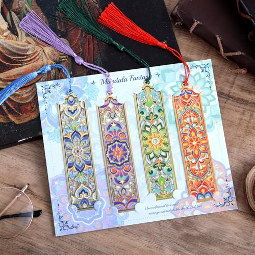 4 PCS Metal Bookmarks with Tassel, Golden Hollow Flower Bookmark Vintage Floral Mandala Theme Book Mark for Women Girls Book Lovers Writers Readers Teens Men - style: 4pcs Mandala