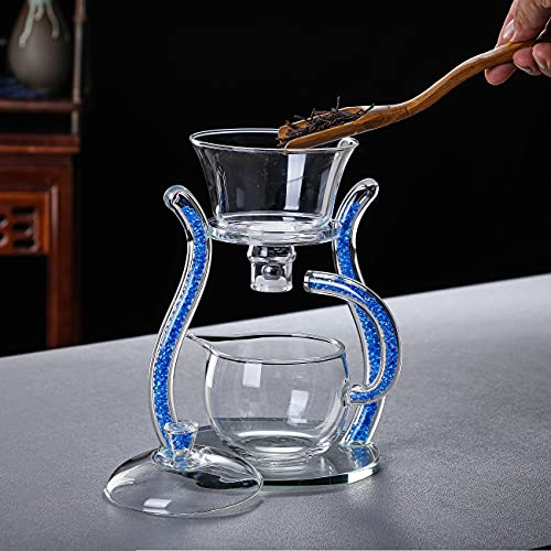 RORA Lazy Kungfu Glass Tea Set Semi Automatic Drip Rotating with Infuser Glass Teapot Set (6 cups) - color: Blue, size: teapot set