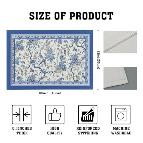 Giwawa 4PCs Chinoiserie Placemats Blue White Floral Birds Decorative Linen Table Mat 12"x18" Oriental Style Classic Flowers Heat Resistant Washable Place Mats for Kitchen Dining Party - color: Chinoiserie Bird