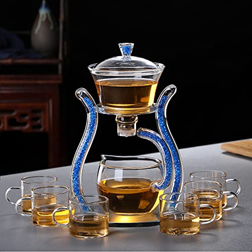 RORA Lazy Kungfu Glass Tea Set Semi Automatic Drip Rotating with Infuser Glass Teapot Set (6 cups) - color: Blue, size: teapot set