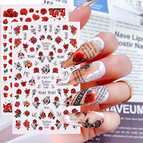 6 Sheets Flower Nail Art Stickers 3D Blue Pink Red Rose Nail Decals Spring Summer Nail Art Supplies Leopard Snake Leaf Butterfly Floral Nail Designs Supply Nail Stickers for Acrylic Nails Decor