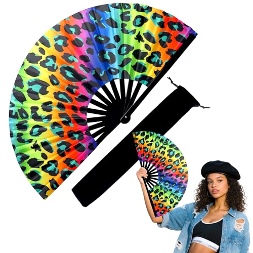 13 Inch Large Rave Fan & Clack Fan for Line Dancing - Folding Hand Fan with UV Glow for Boots on The Ground, Performance, Wedding, Party - Portable Handheld Fan for Women & Men - color: Leopard Print*1