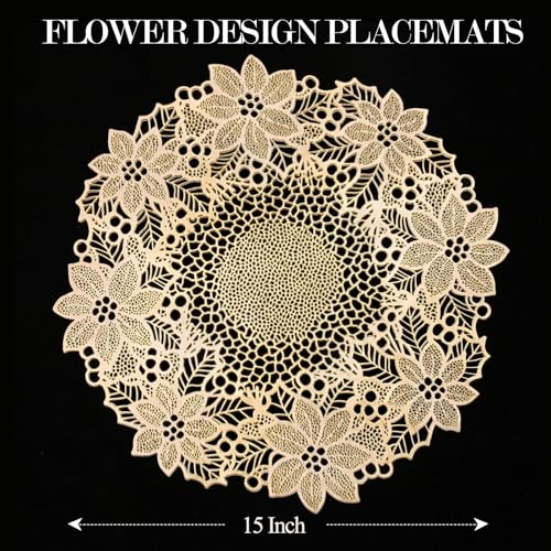 Quantum Love Set of 6 Gold Metallic Vinyl Round Placemats with Wreath Heat-Resistant Washable 15 Inch Table Mats for Daily Use Wedding Gathering Party Decor - color: Gold Wreath