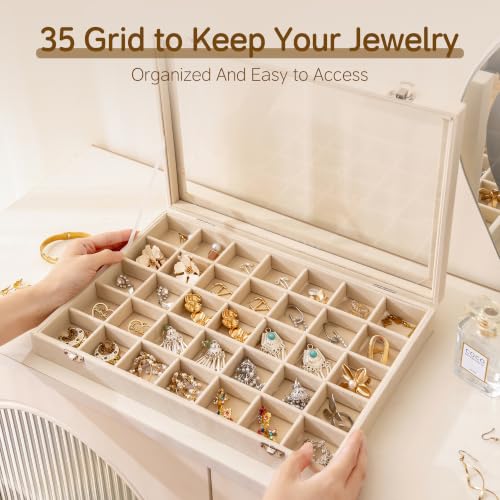 Frebeauty 35 Grid Earring Organizer,Velvet Jewelry Tray with Clear Lid - color: Beige, size: 35 Grid