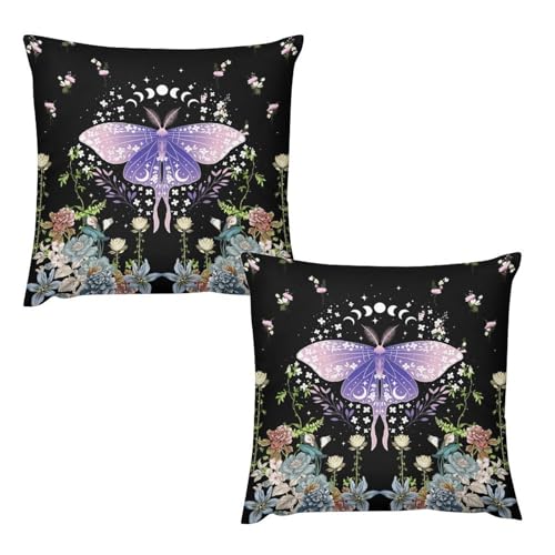 Floral Moth Moon Pillow Covers, Nature Aesthetic Flower Phase of The Moon Artistic Home Decor Sofa Bedroom Cushion Outdoor Indoor Decorations 16 "x16 - color: Butterfly-5, size: 16" x 16" (Pack of 2)