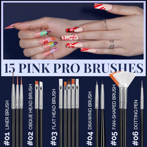 FANDAMEI Nail Art Brushes, Nail Art Kit with 15 Pcs Nail Art Brush, 5 Pcs Dotting Tools, 6 Box Nail Charms and Gems, 10 Flower Nail Stickers, Complete Nail Decoration Art with Nail Art Brushes Black - color: black