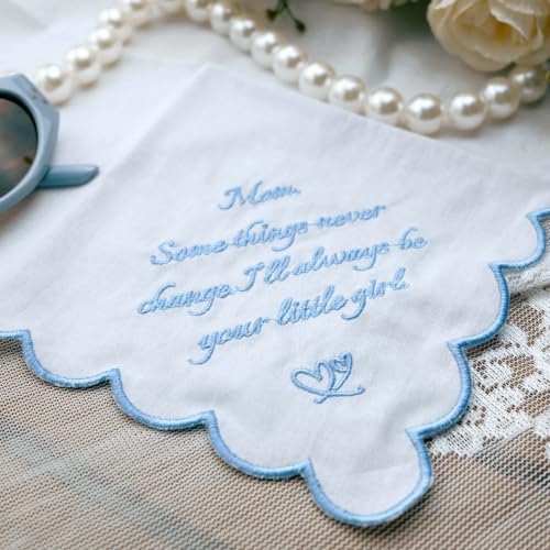 Something Blue Wedding Handkerchiefs for Bride, Embroidered Wedding Gift for Husband Mom Dad - color: Mom