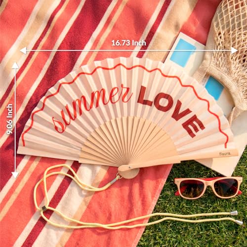 Fisura – Original Folding Fan with “Summer Love” Message. Colorful Wooden Folding Fan in red. Includes Strap. Fun Gift idea. 16.7 x 9 in. - color: Summer Love, Red