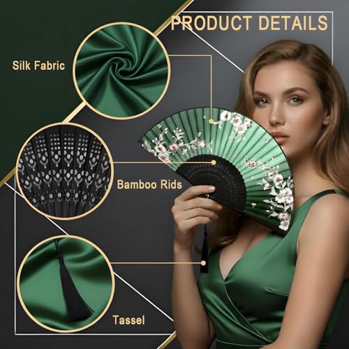Lysa Hand Fan for Women Foldable - Portable Folding Japanese Chinese Fan - for Hot Flashes, Summer Cooling, Festivals, Church, Dancing (Green Redbud) - color: Green Redbud