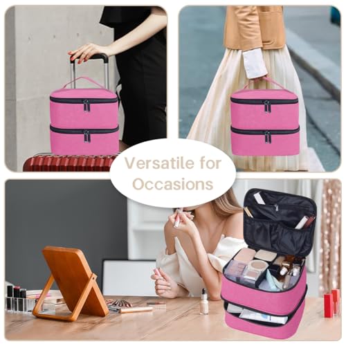 Double Layer Makeup Bag with Adjustable Dividers, Wine - color: Wine