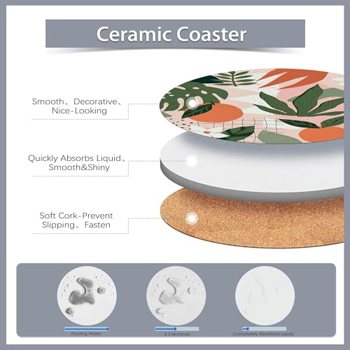 Drink Coasters Set of 6 with Holder,Tropical Palm Leaves Orange Floral Absorbent Ceramic Coasters with Cork Base,Fit All Cups,Tabletop Protection Mat for Mugs and Cups,Office,Kitchen - color: Tropical Palm Leaves Orange Floral