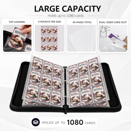 Baseball Card Binder, 9 Pocket Trading Card Zip Binder Holds 1080 Cards - color: Baseball