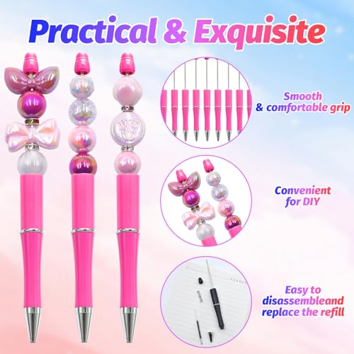 300 Pieces DIY Beadable Pen Kit – 100 Plastic Ballpoint Pens with Refills & Bags – School Supplies, Office Accessories & Decorative Items for Students & Teachers (Rose Red) - color: Rose Red, size: 100
