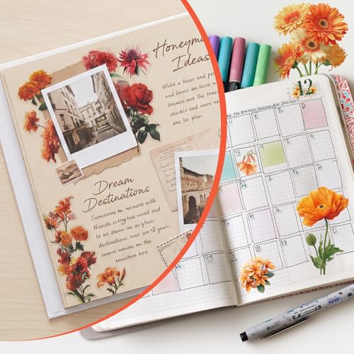 Clear PET 20 Sheets 173 Pcs Sticker Book, Fiery Sunset Botanical Floral Ephemera, Red Rose Stickers, Orange Tulip Embellishments, Seamless Junk Journaling Supplies - style: Fiery Garden