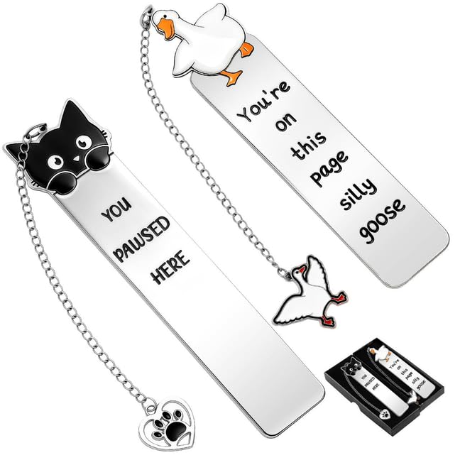 2Pcs Cat Silly Goose Bookmark Funny Gifts for Men Women Book Lover Cute Metal Book Mark Stainless Steel Bookmark Reading Lover Gifts Accessories Unique Friend Coworker Teacher Gift Birthday Gift - style: Am-cat goose